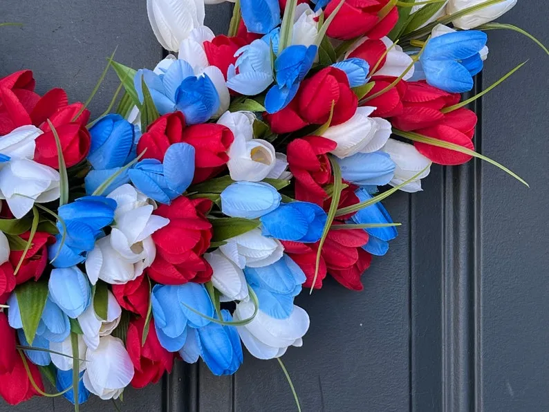 All-American Tulip Wreath with Red, White & Blue Flowers