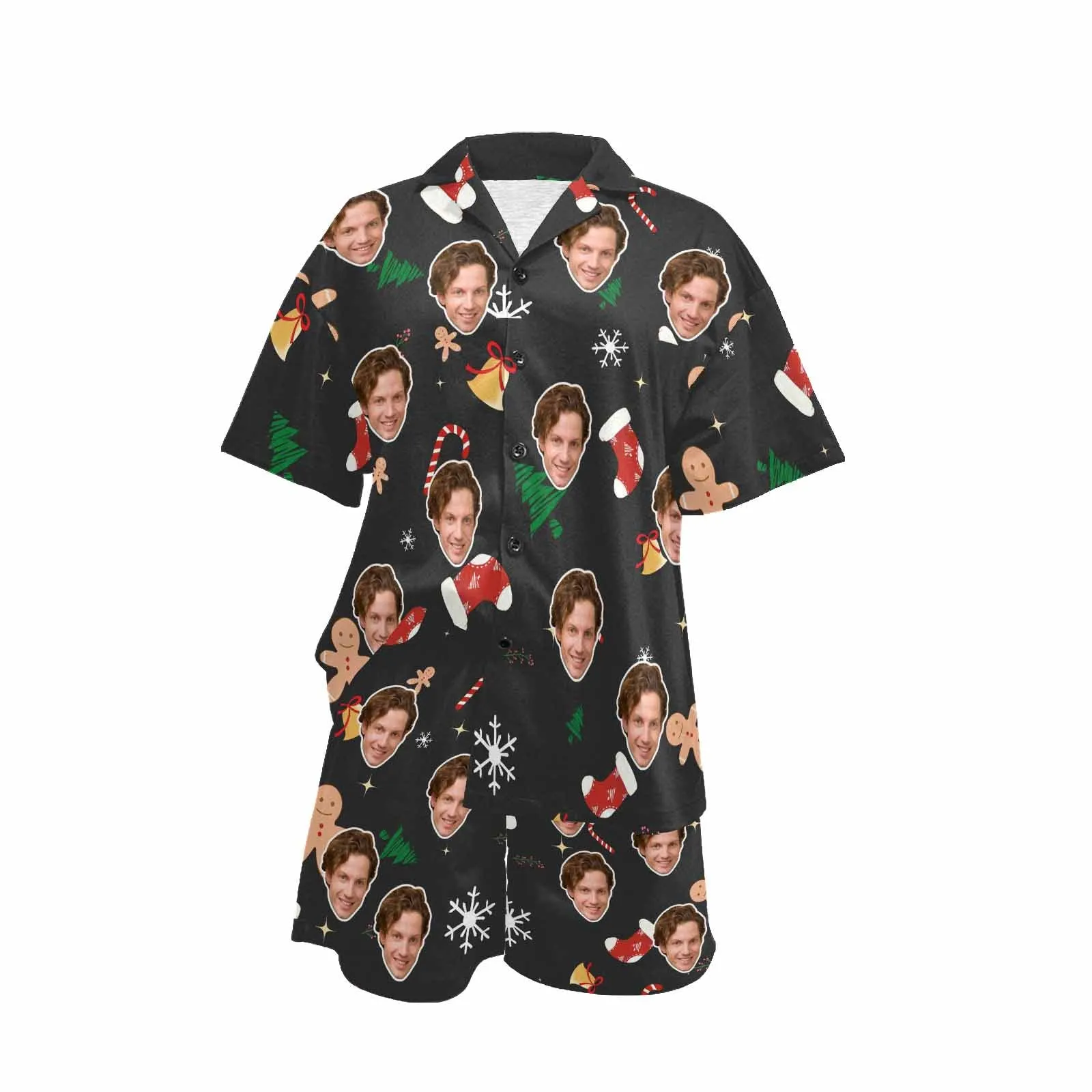 Custom Face Boyriend Chrismas Loungewear Personalized Photo Sleepwear Women's V-Neck Short Pajama Set