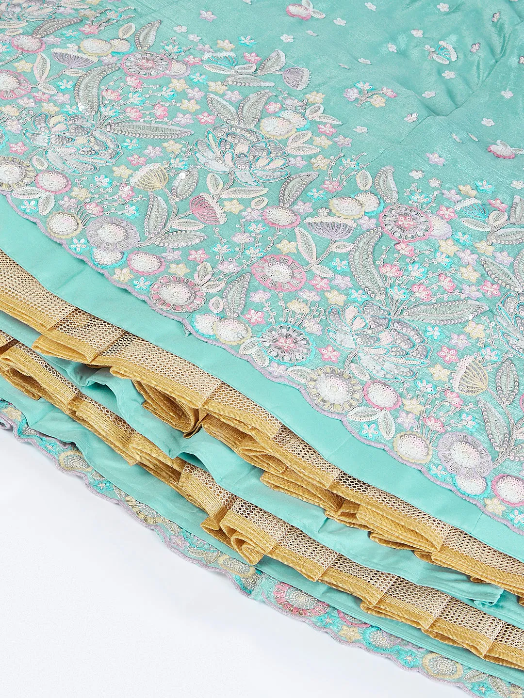 Sea Green Shimmer Sequined & Embroidered Semi-Stitched Lehenga Choli Set