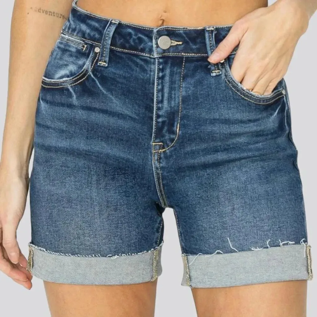 Whiskered medium-wash denim shorts